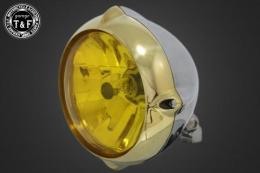 5.75インチビンテージヘッドライト(真鍮リム/ポリッシュボディ)ユーロレンズ仕様(イエロー)+各種ステーSET