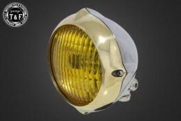 4.5インチビンテージヘッドライト(真鍮リム/ポリッシュボディ)クラシックレンズ仕様(イエロー)+各種ステーSET