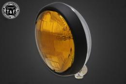 5.75インチプレートヘッドライト(マットブラックリム/メッキボディ)イエローレンズ仕様+各種ステーSET